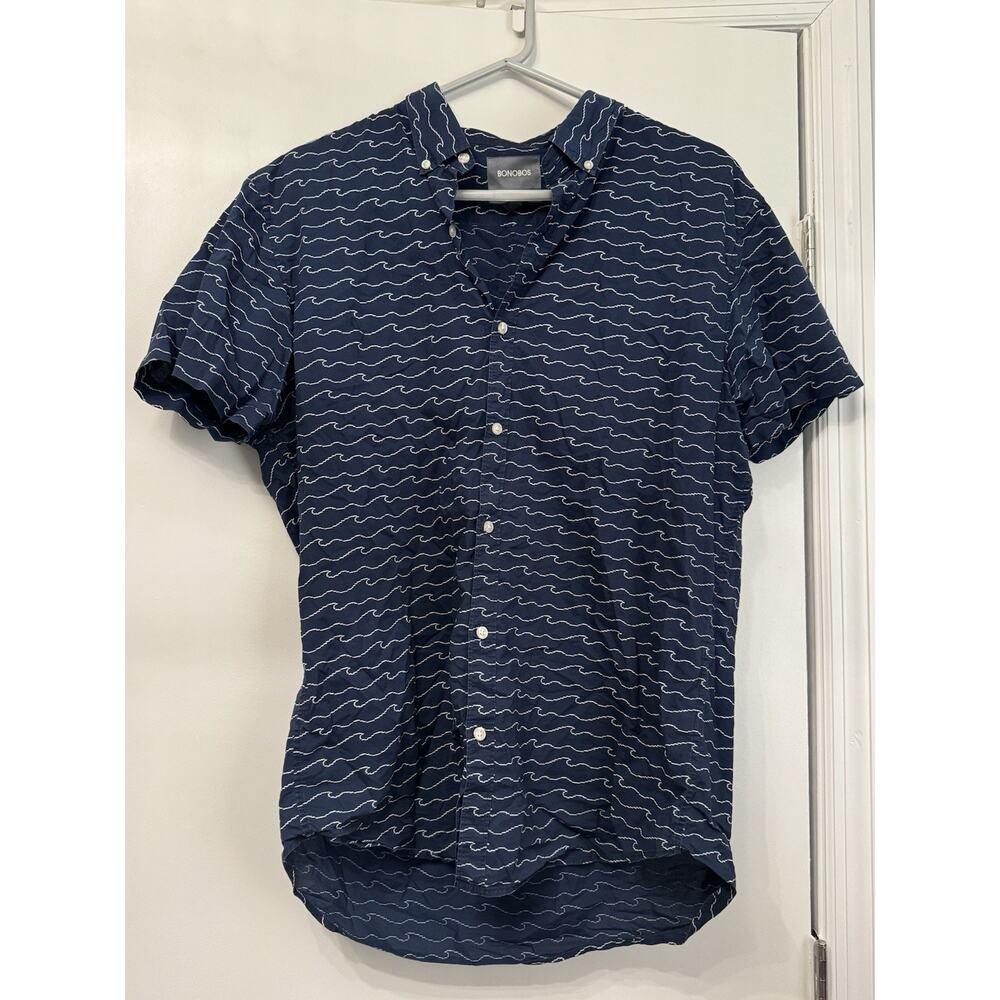 Bonobos Shirt Sz L Mens Navy Blue Short Sleeve Button Up Waves All Over Print